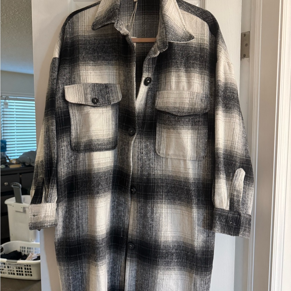 Men's Black and Gray Plaid Shirt Jacket